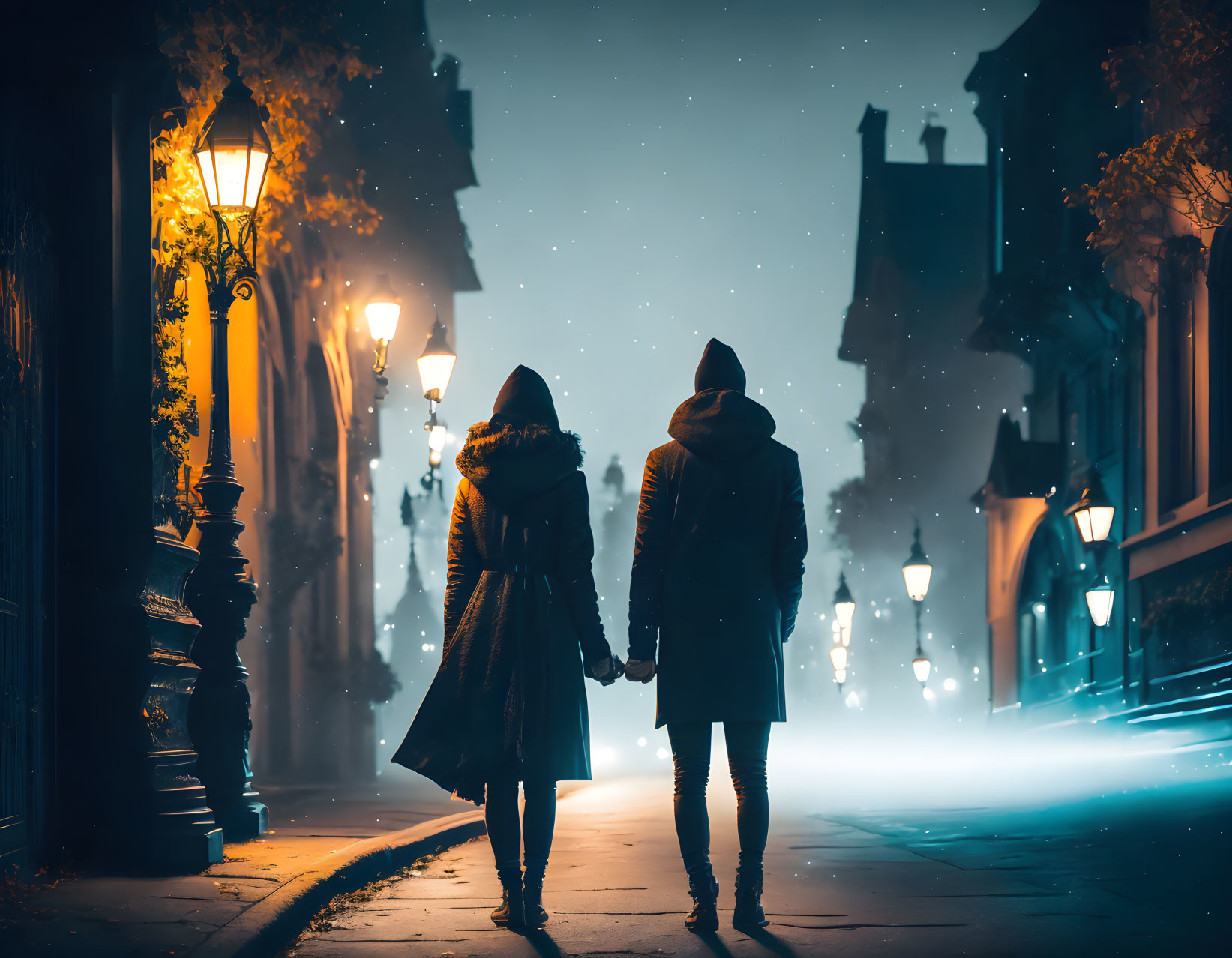 Couple walking hand in hand on foggy vintage street at night