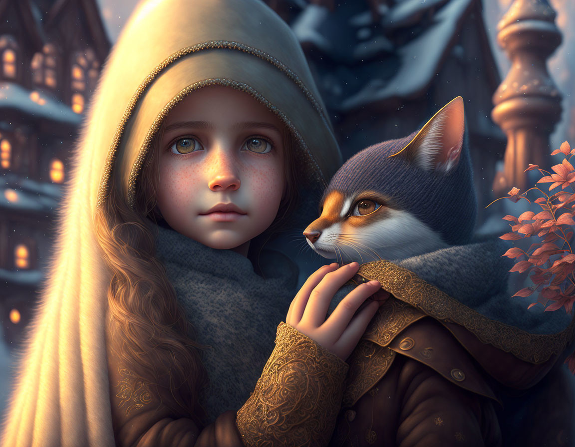 Young girl and fox in scarves meet in snowy village at twilight