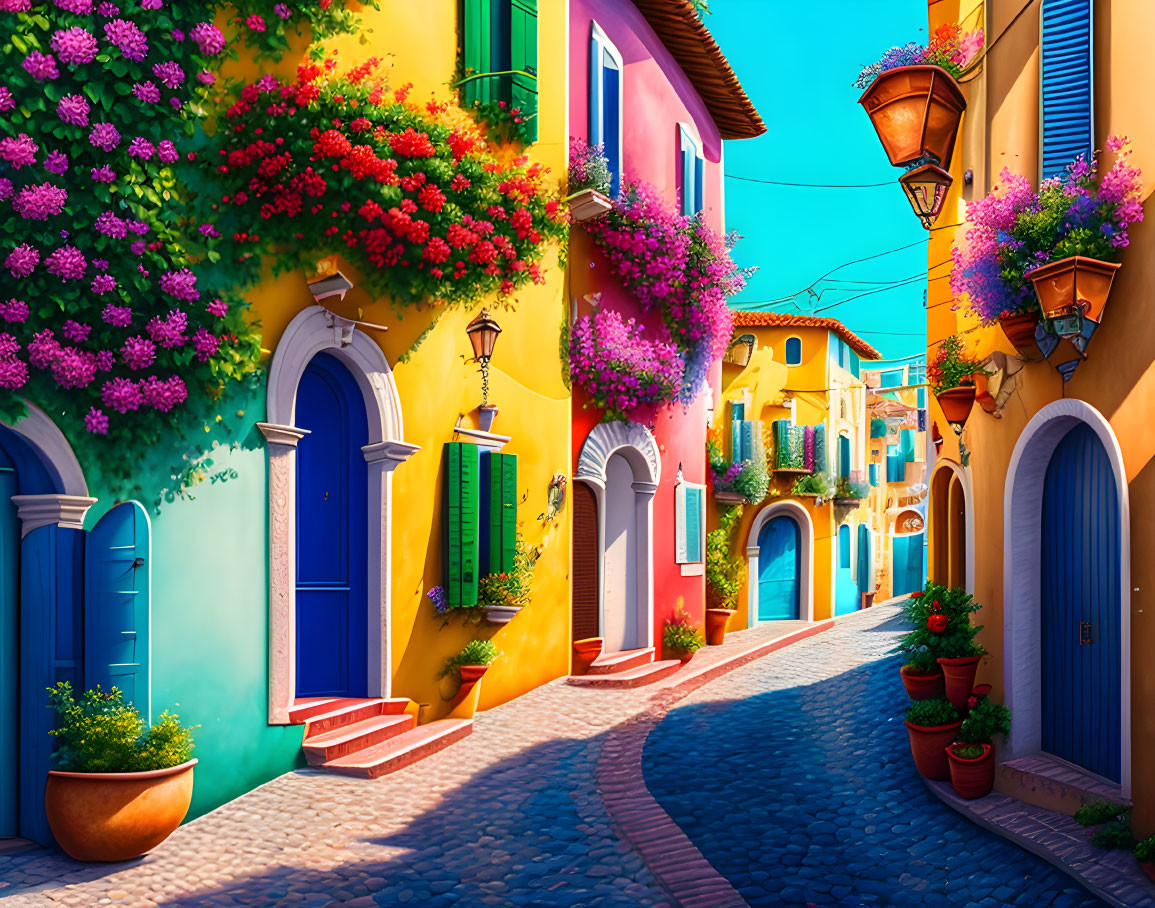 Vibrant European Street with Colorful Buildings and Flowers
