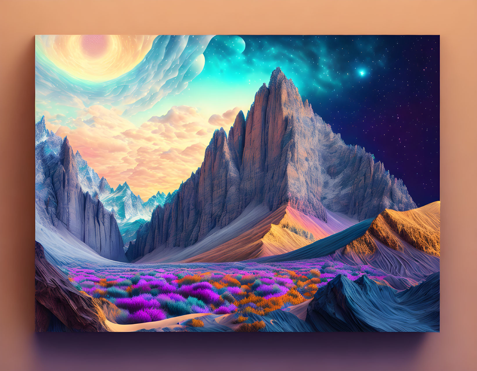 Vibrant purple flora in surreal landscape with rocky peaks at dusk.