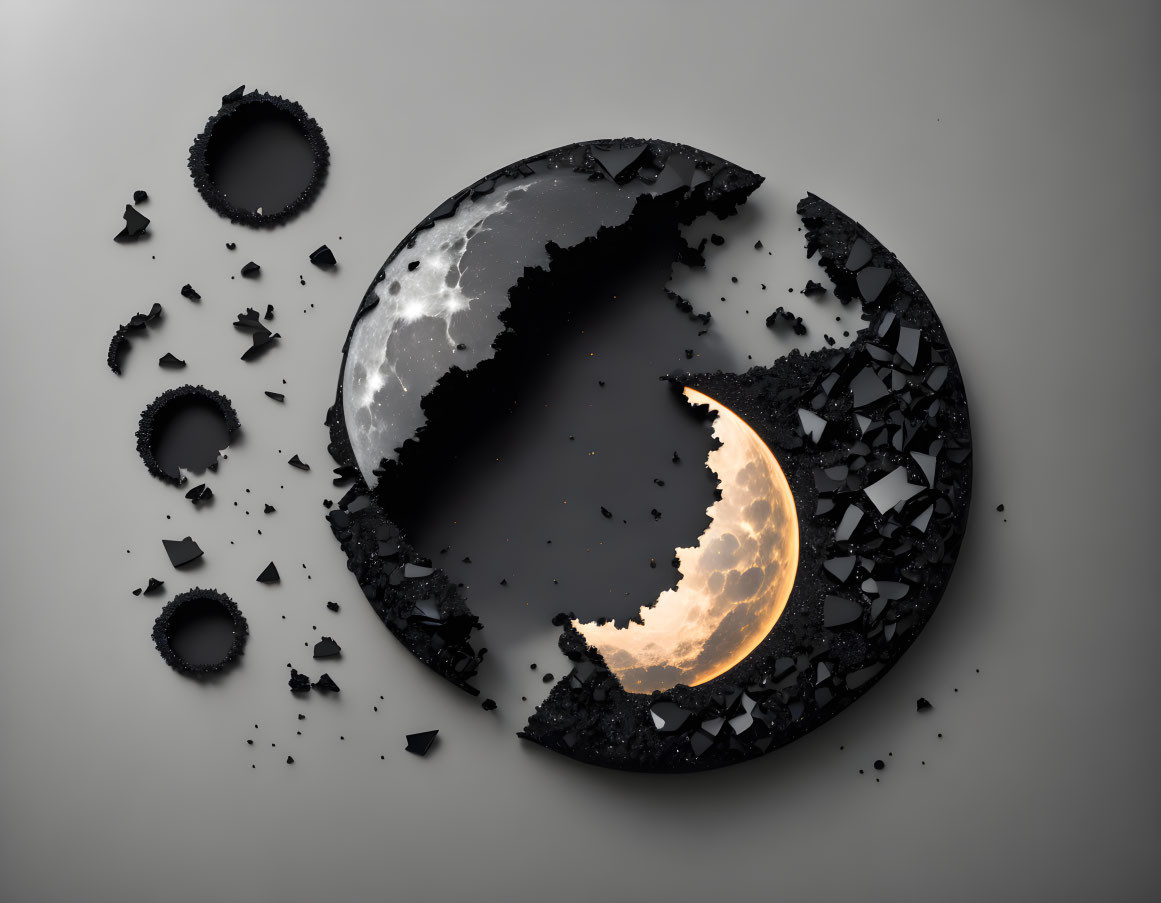 Abstract depiction of shattered black object with moon phase pieces on gray background