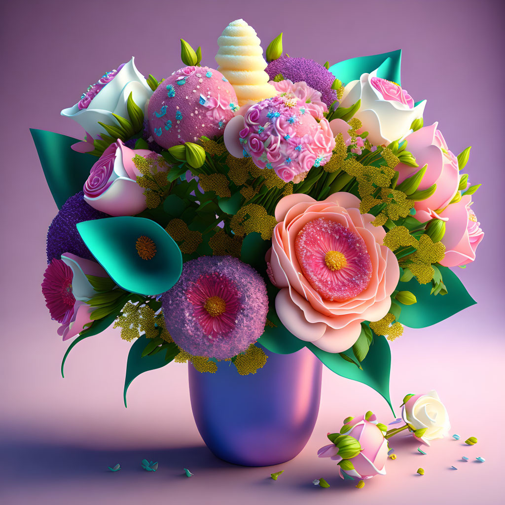 Colorful Flower Bouquet and Sweet Treats in Blue Vase on Purple Background
