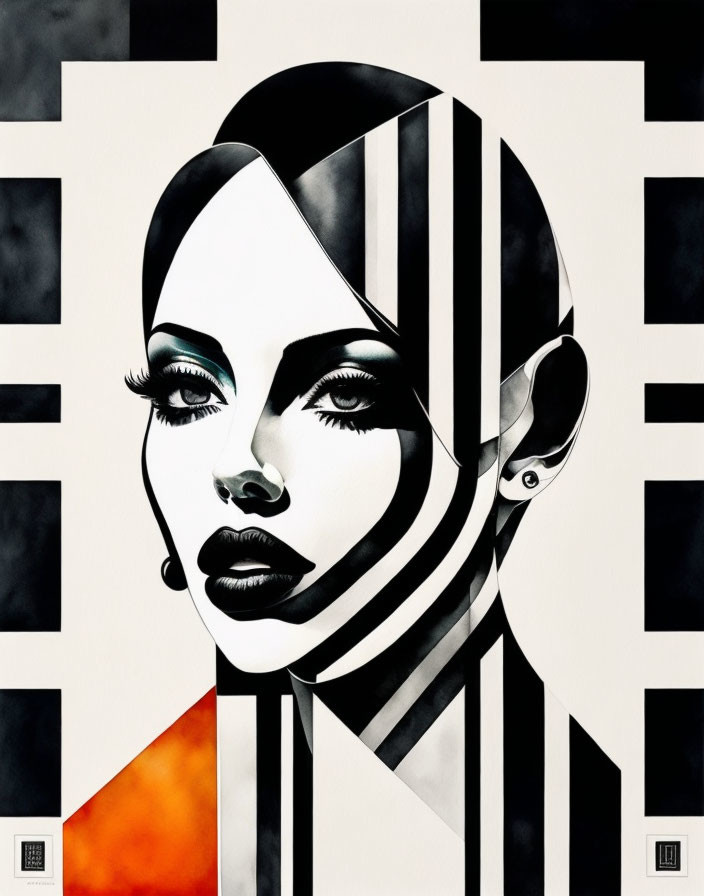 Stylized monochrome woman's face with black and white stripes and orange splash