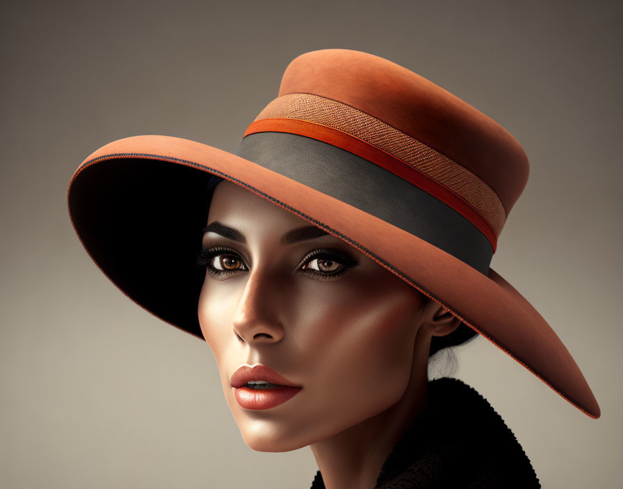 Stylish woman with striking makeup in brown and gray hat