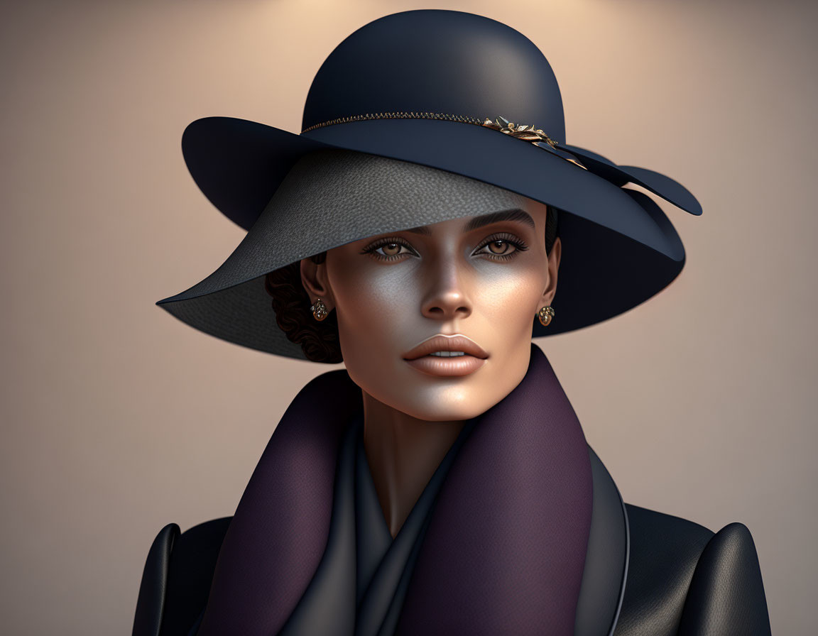 Detailed Illustration of Woman in Wide-Brimmed Hat with Scarf