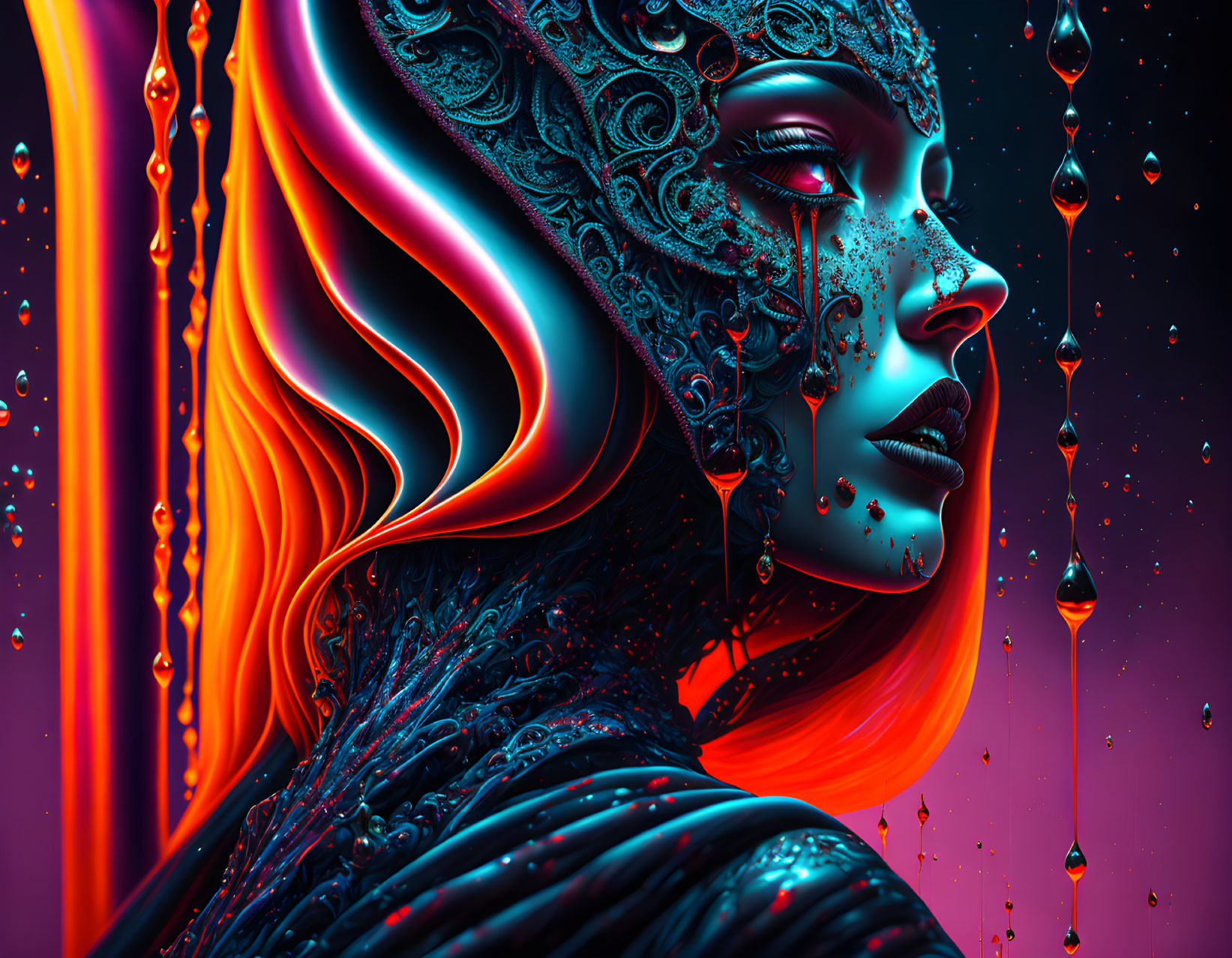 Detailed Illustration of Woman with Blue Headgear and Fiery Background