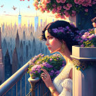 Woman on Balcony Overlooking Fantastical Cityscape with Flying Vehicles