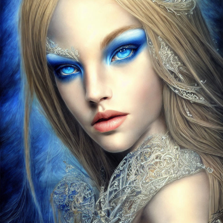 Fantasy female character with blue eyes and silver accessories on blue background