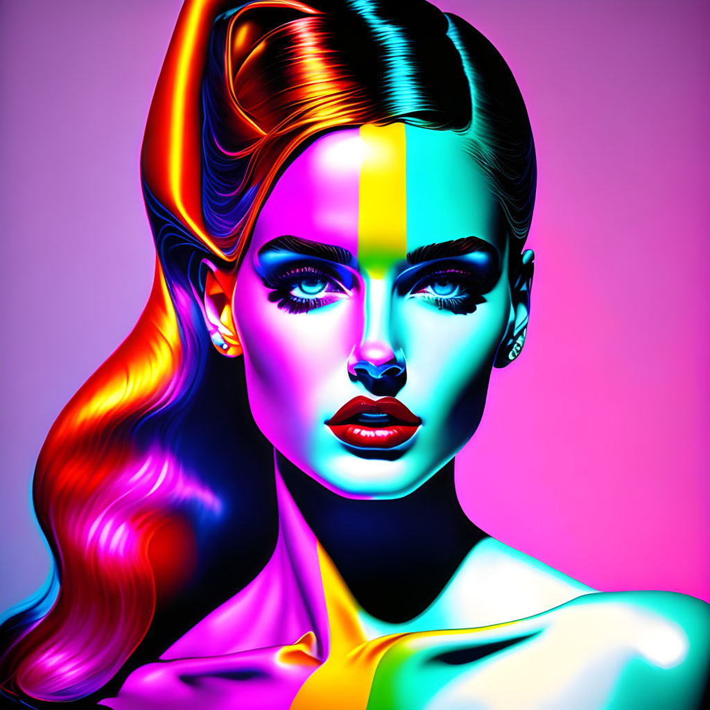 Colorful digital artwork of woman illuminated by multicolored lights