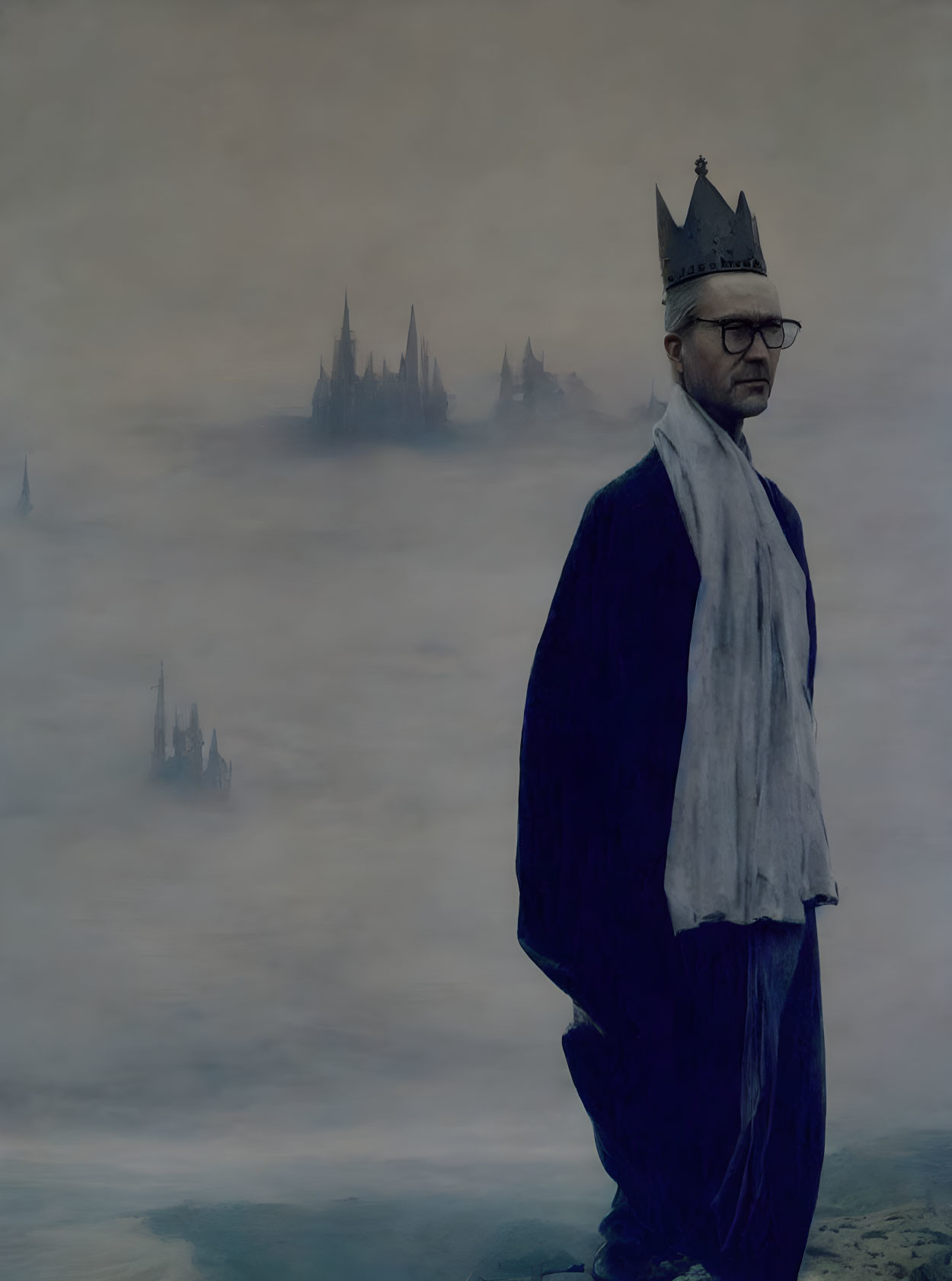 Contemplative person in makeshift crown gazes at foggy landscape
