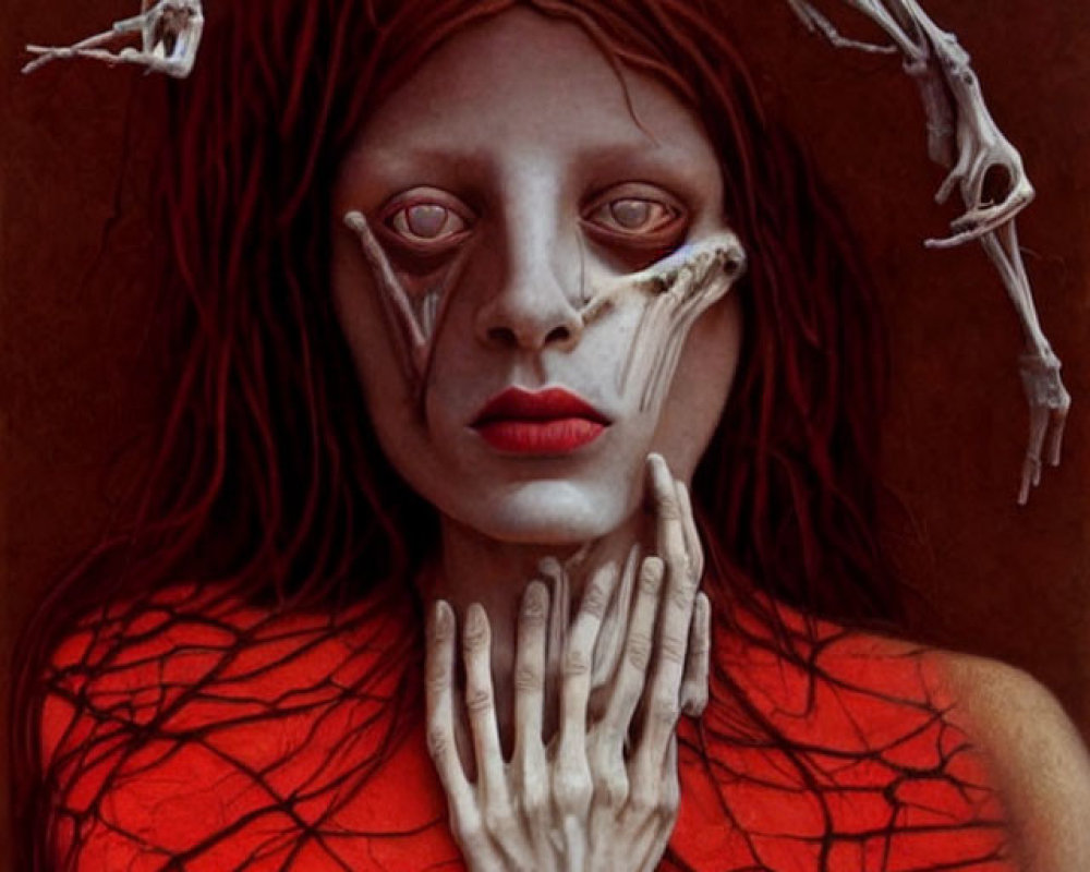 Red-haired woman with skeletal hands and web-like pattern on skin in somber expression.