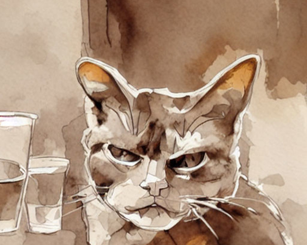 Grumpy-faced cat and glasses in sepia watercolor
