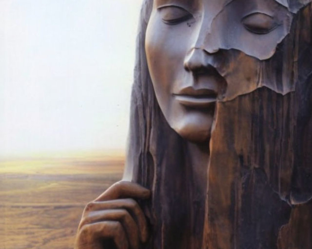Surreal painting: Woman's face merges with desert landscape