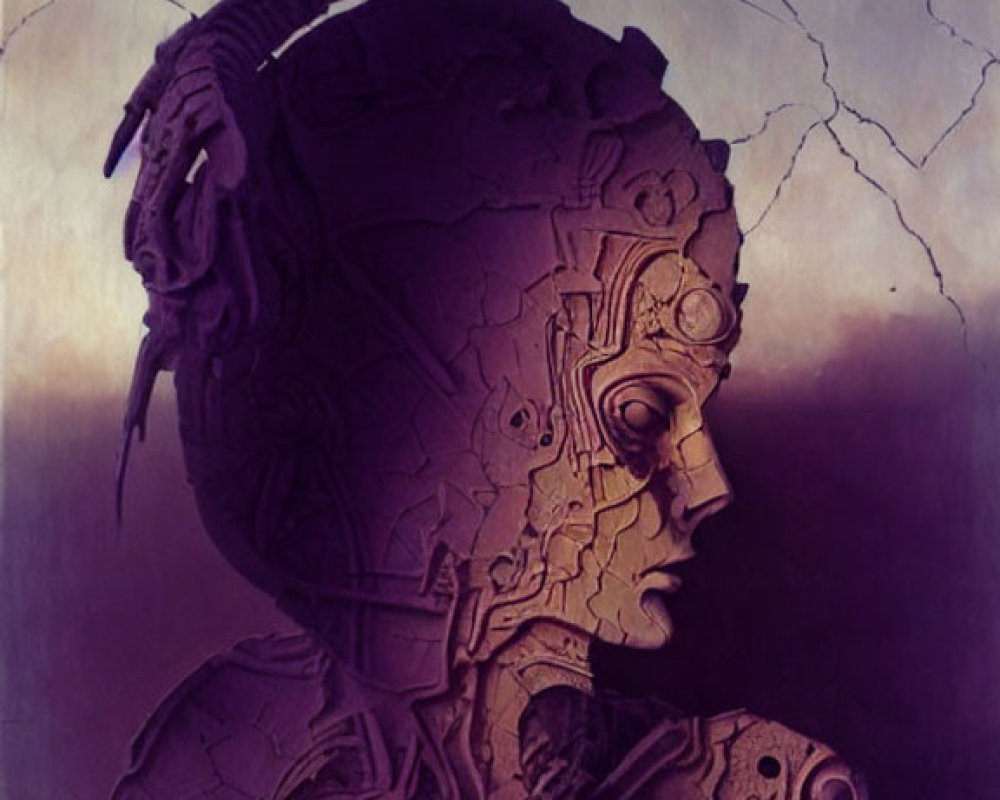 Detailed Robot Head Profile Artwork on Purple Background with Crack Patterns
