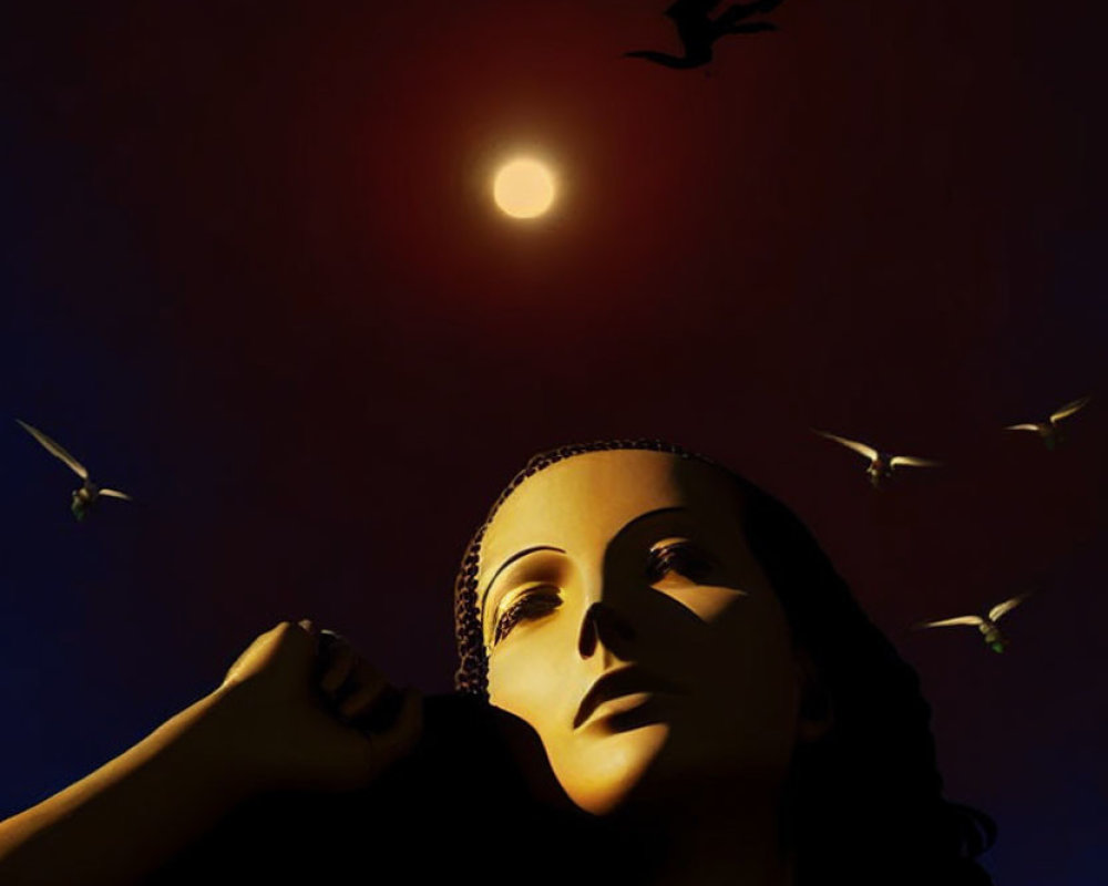 Stylized image of woman under red moon with birds