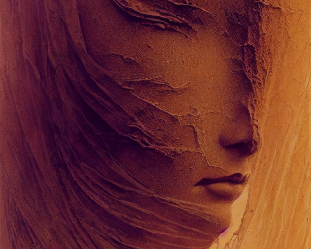 Face art with earth-like textures in warm sepia tones