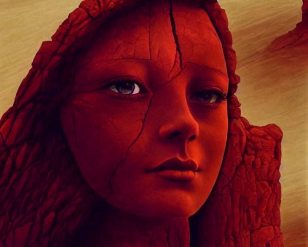 Stylized portrait with cracked, red, rocky texture skin in desert landscape