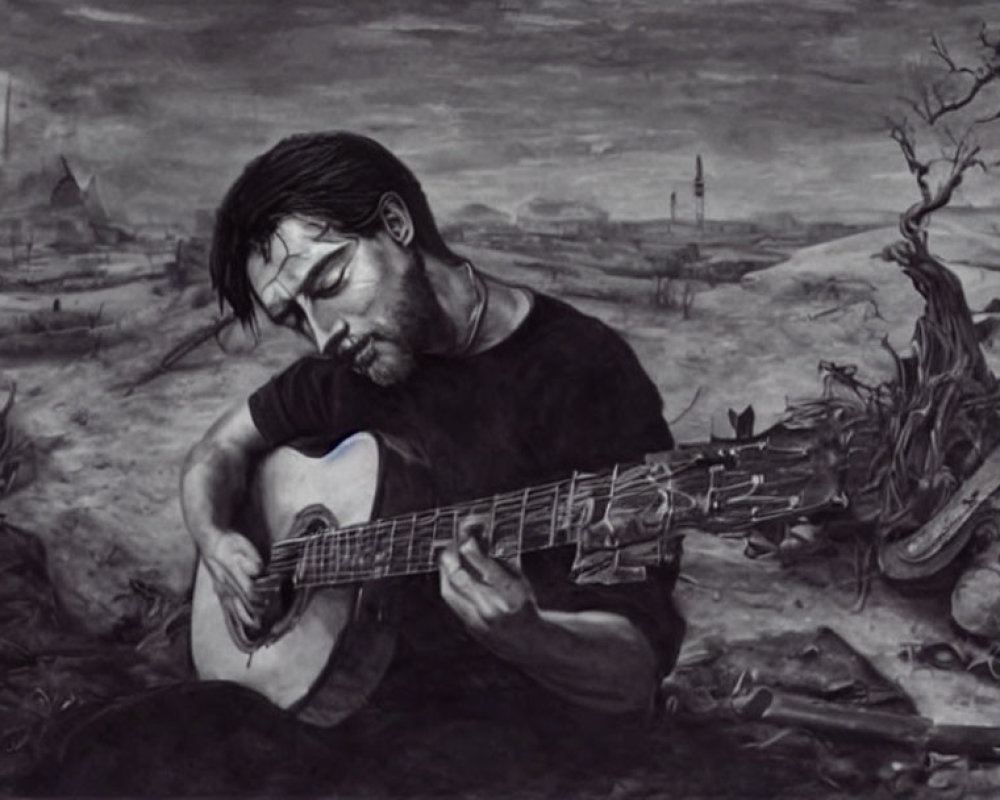 Monochromatic artwork of man playing guitar in desolate landscape