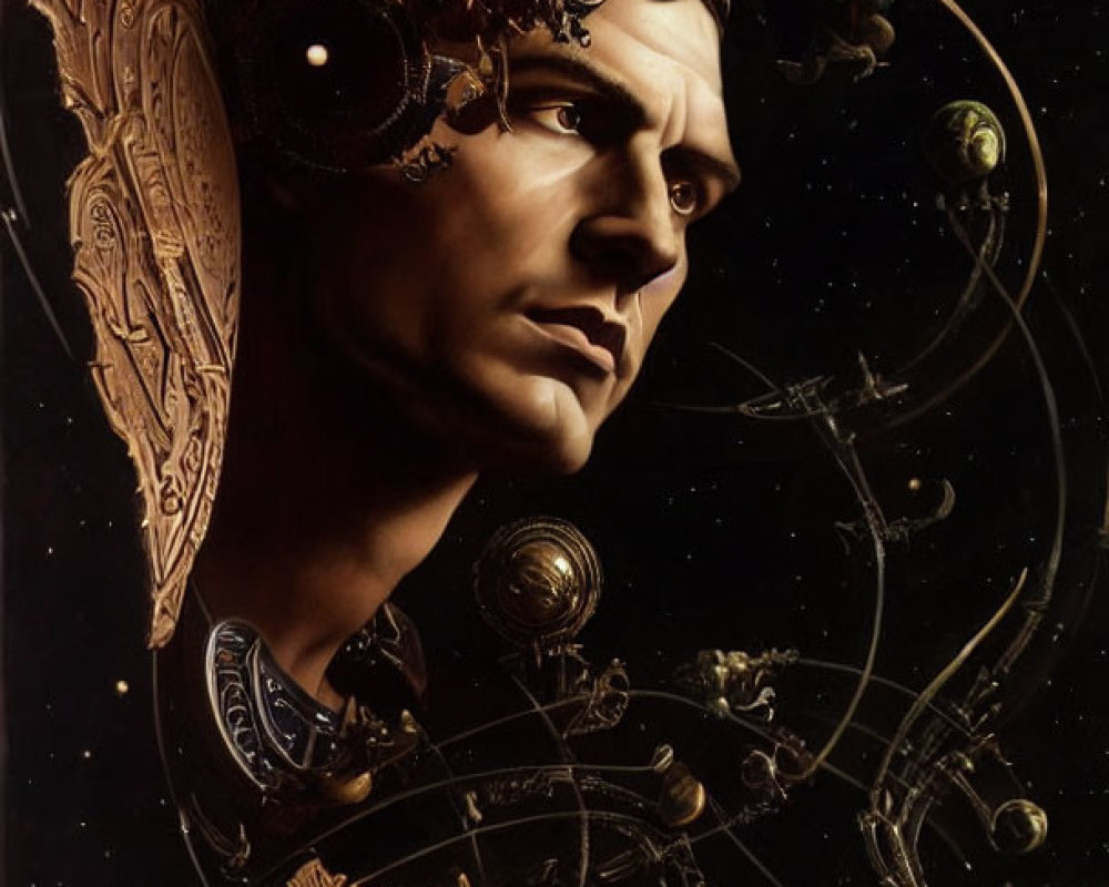 Fantastical portrait melding human profile with celestial mechanics and steampunk elements