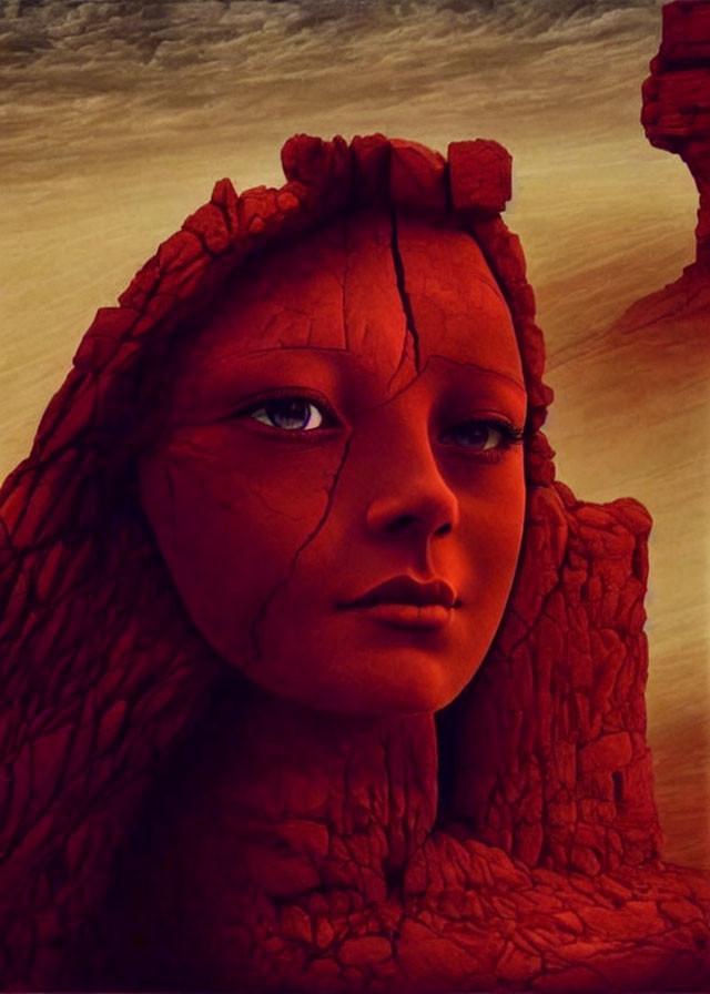 Stylized portrait with cracked, red, rocky texture skin in desert landscape