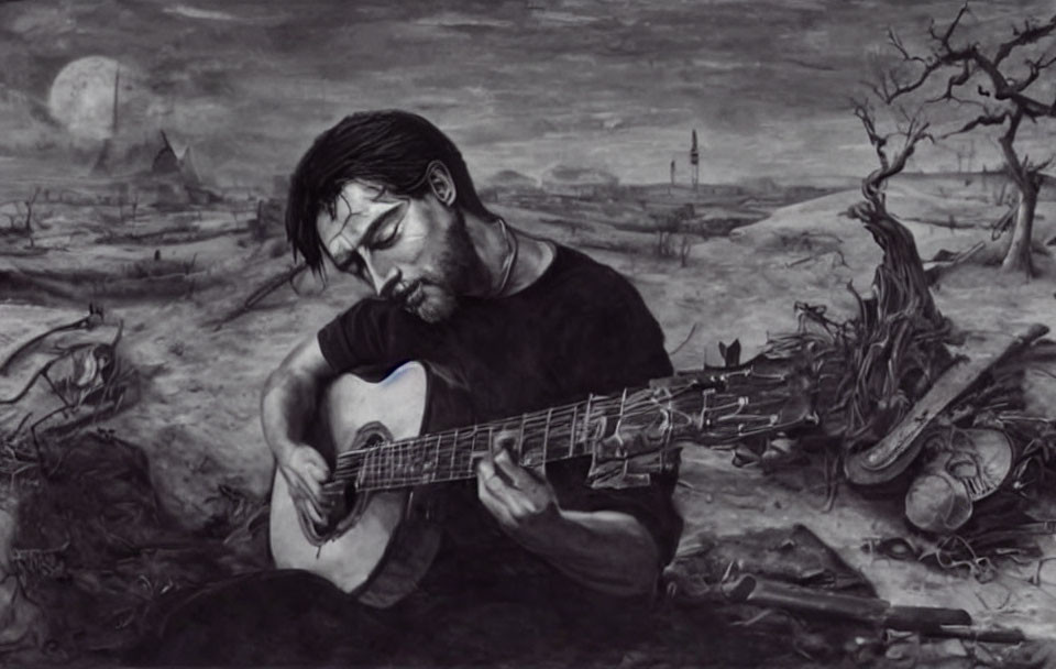 Monochromatic artwork of man playing guitar in desolate landscape