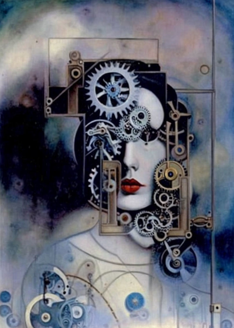 Surrealistic Female Face Painting with Clockwork Gears on Blue Background