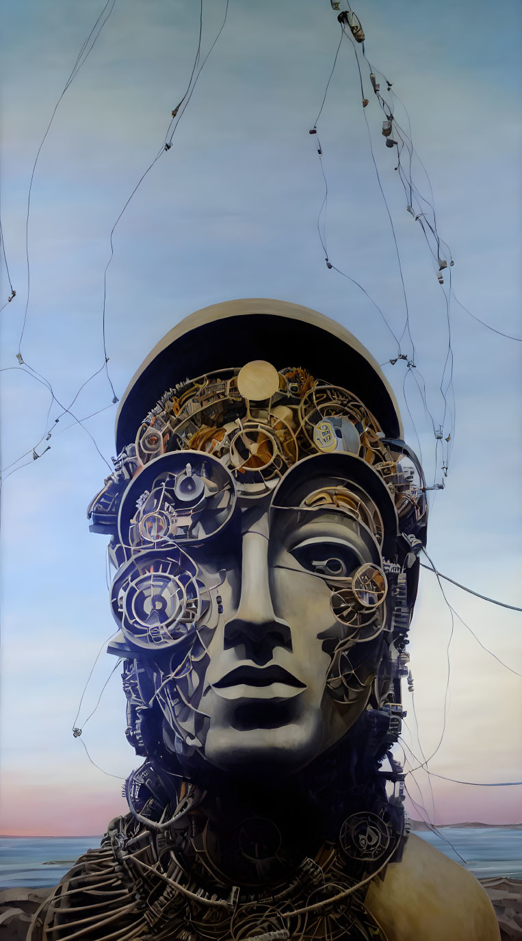Mechanical humanoid figure painting with intricate gears on sky and ocean backdrop