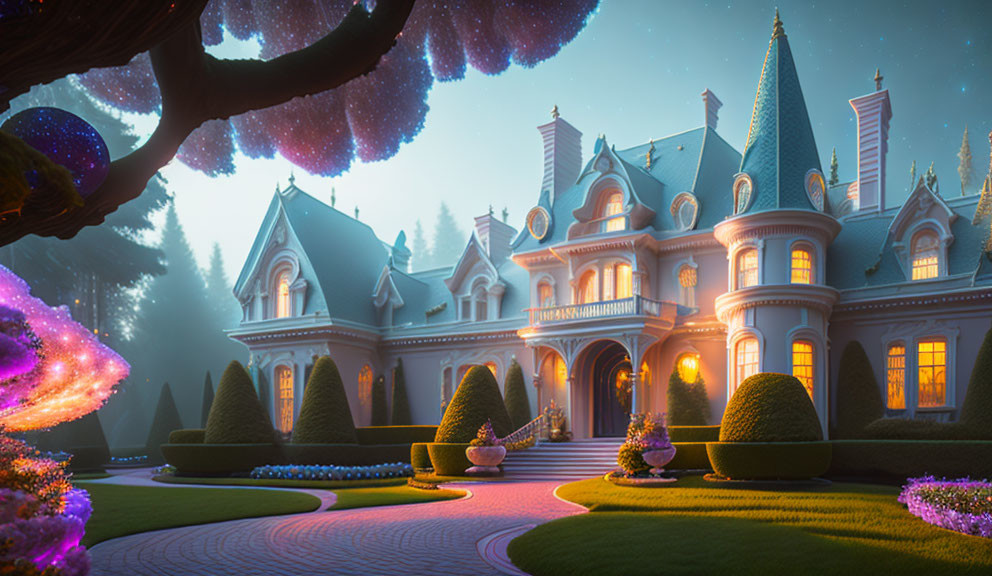 Victorian-style mansion with manicured gardens and glowing trees at dusk