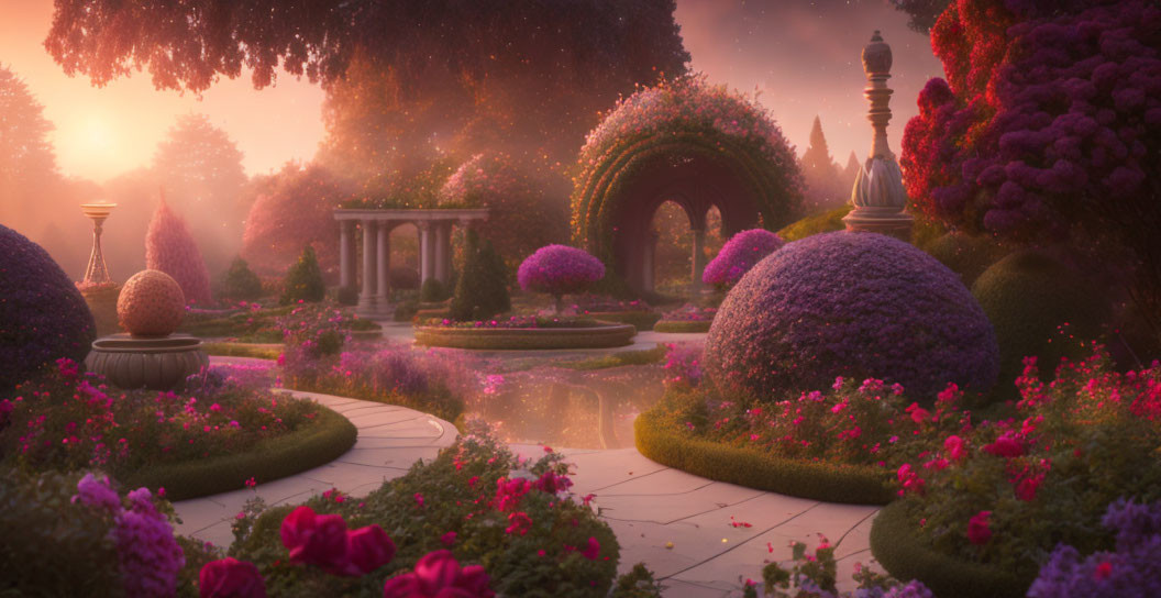 Manicured garden with vibrant flowers, stone path, archway, and gazebo at twilight