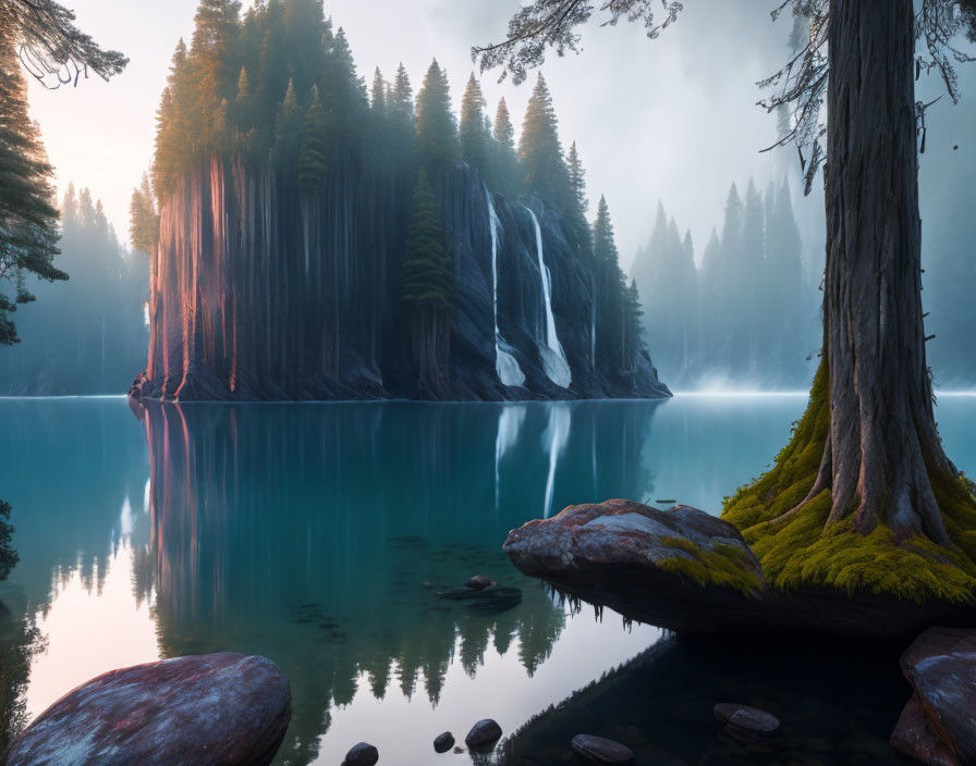 Tranquil forest scene with waterfall, lake, and pine trees
