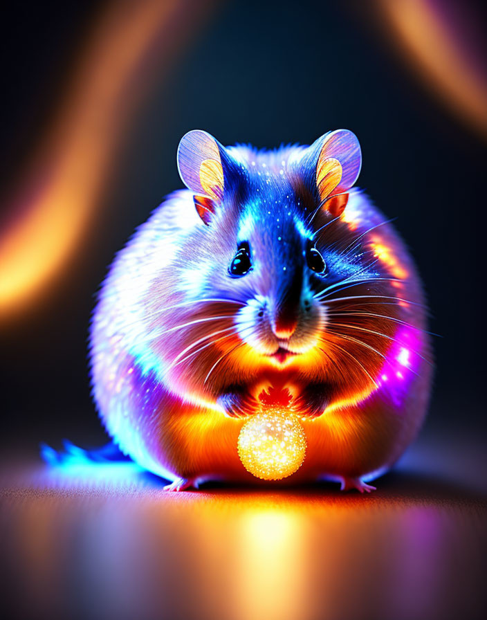 Colorful Digital Art: Neon Hamster with Glowing Orb on Fiery Background
