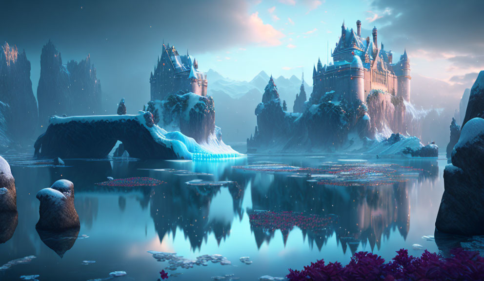 Majestic castles in serene fantasy landscape with snowy mountains and tranquil lake