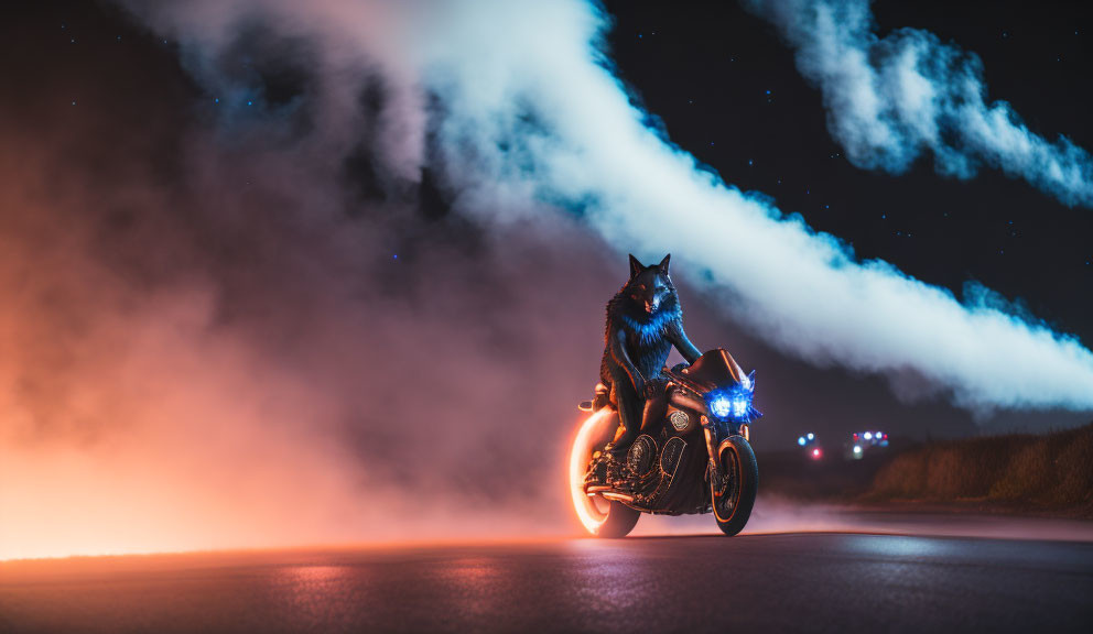 Person in Wolf Costume Riding Motorcycle at Night with Dramatic Cloud and Light Trail Background