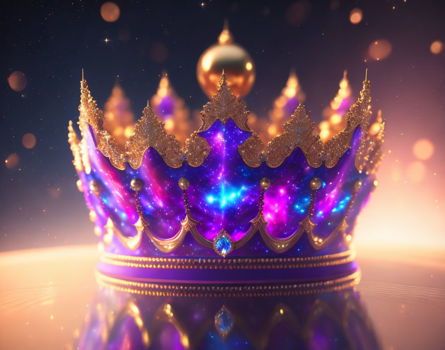 Majestic cosmic crown with gold, gemstones, and galaxy pattern on bokeh background