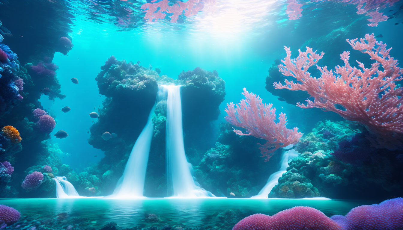 Underwater coral reef scene with surreal waterfall in sunlight