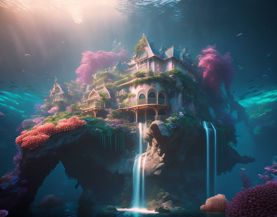Underwater scene with cottage on rocky outcrop, lush flora, coral, and waterfalls under sun