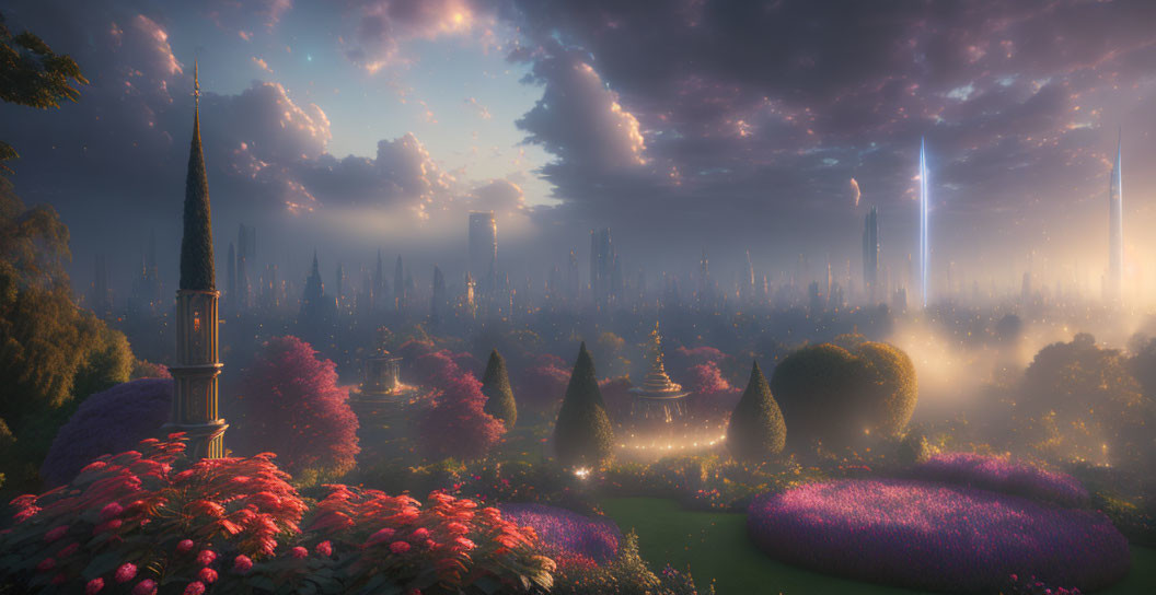 Fantasy landscape at sunrise or sunset with lush gardens, spires, and ethereal city under dramatic
