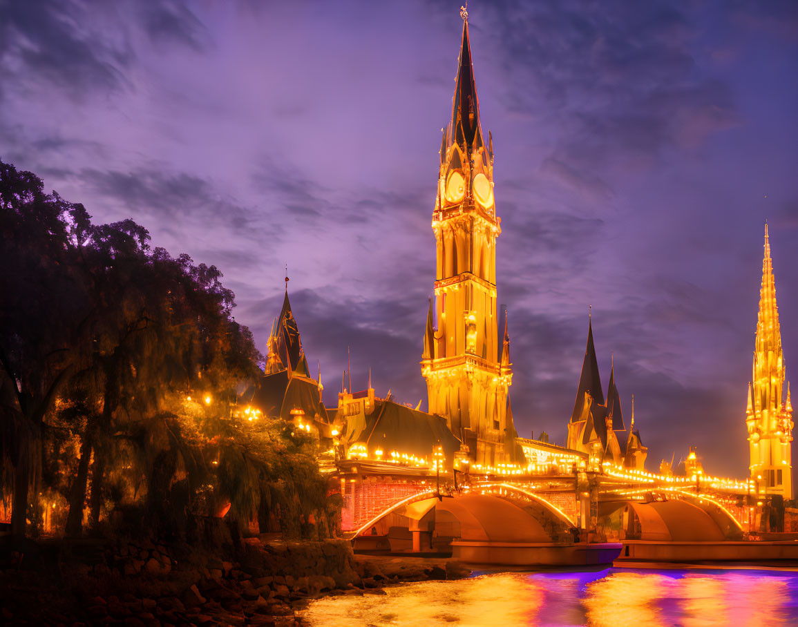 Gothic-style building and clock tower by river at twilight with purple and orange sky