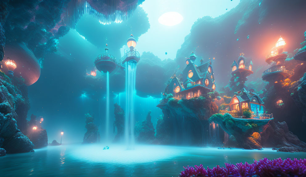 Enchanting underwater village with glowing houses, coral, and waterfalls