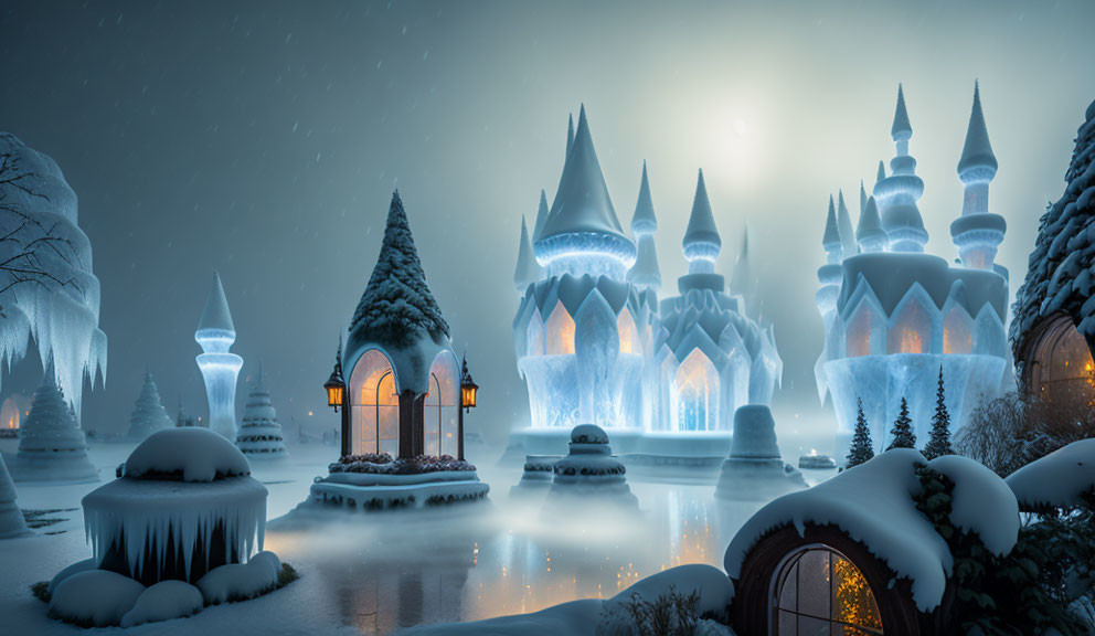 Snowy Night Landscape: Enchanting Ice Castle and Frozen Trees