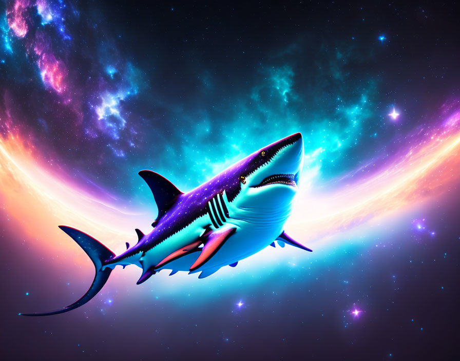 Digital Shark Art Against Cosmic Starry Background in Pink, Blue, and Purple