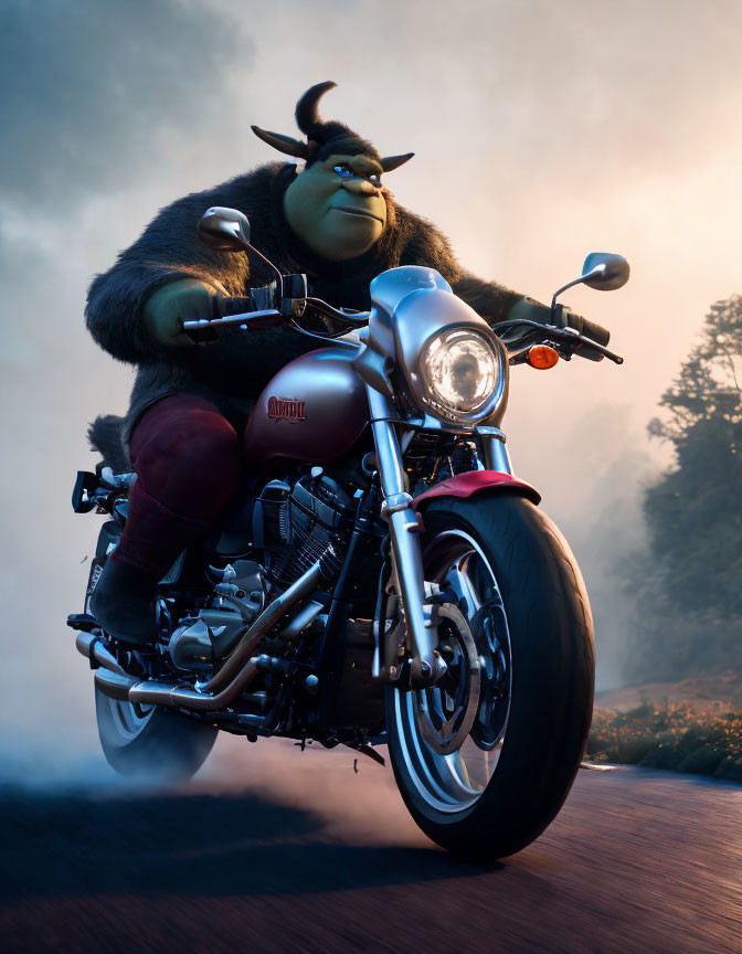 Animated ogre character on red and silver motorcycle in foggy forest road at dusk or dawn