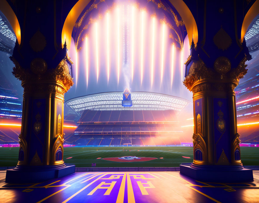 Digitally rendered stadium with golden pillars and radiant light beams