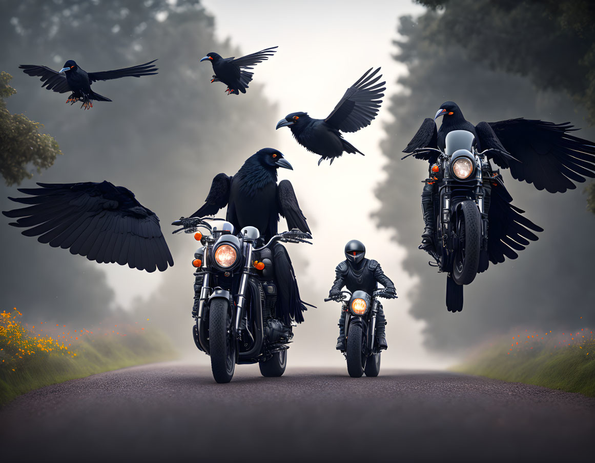 Motorcyclists on road with flying crows in misty woodland