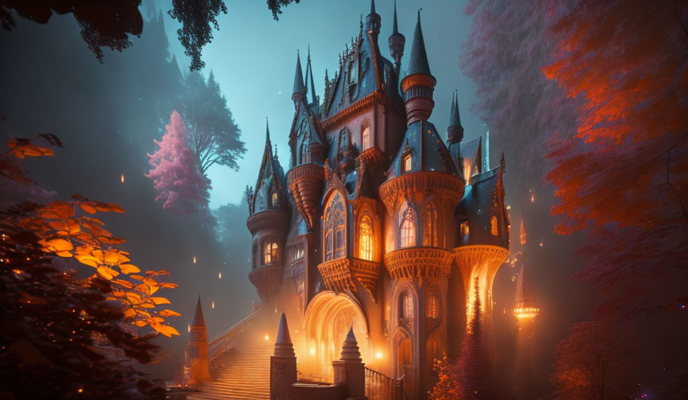 Enchanted twilight castle with spires amidst misty autumnal trees
