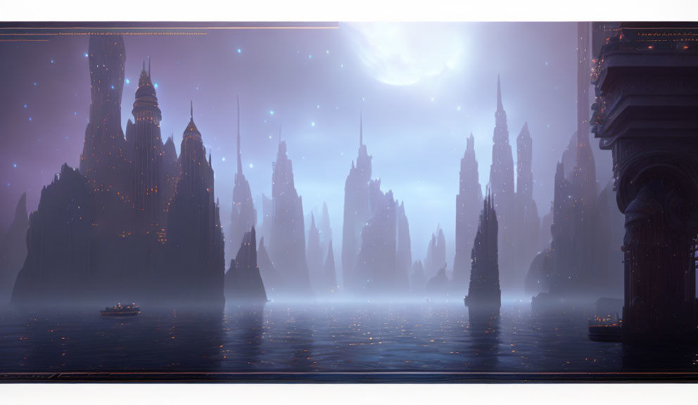 Mystical futuristic city with towering spires under starry sky