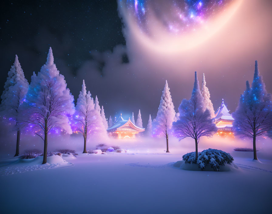 Snow-covered trees and temple under starry sky with glowing celestial body