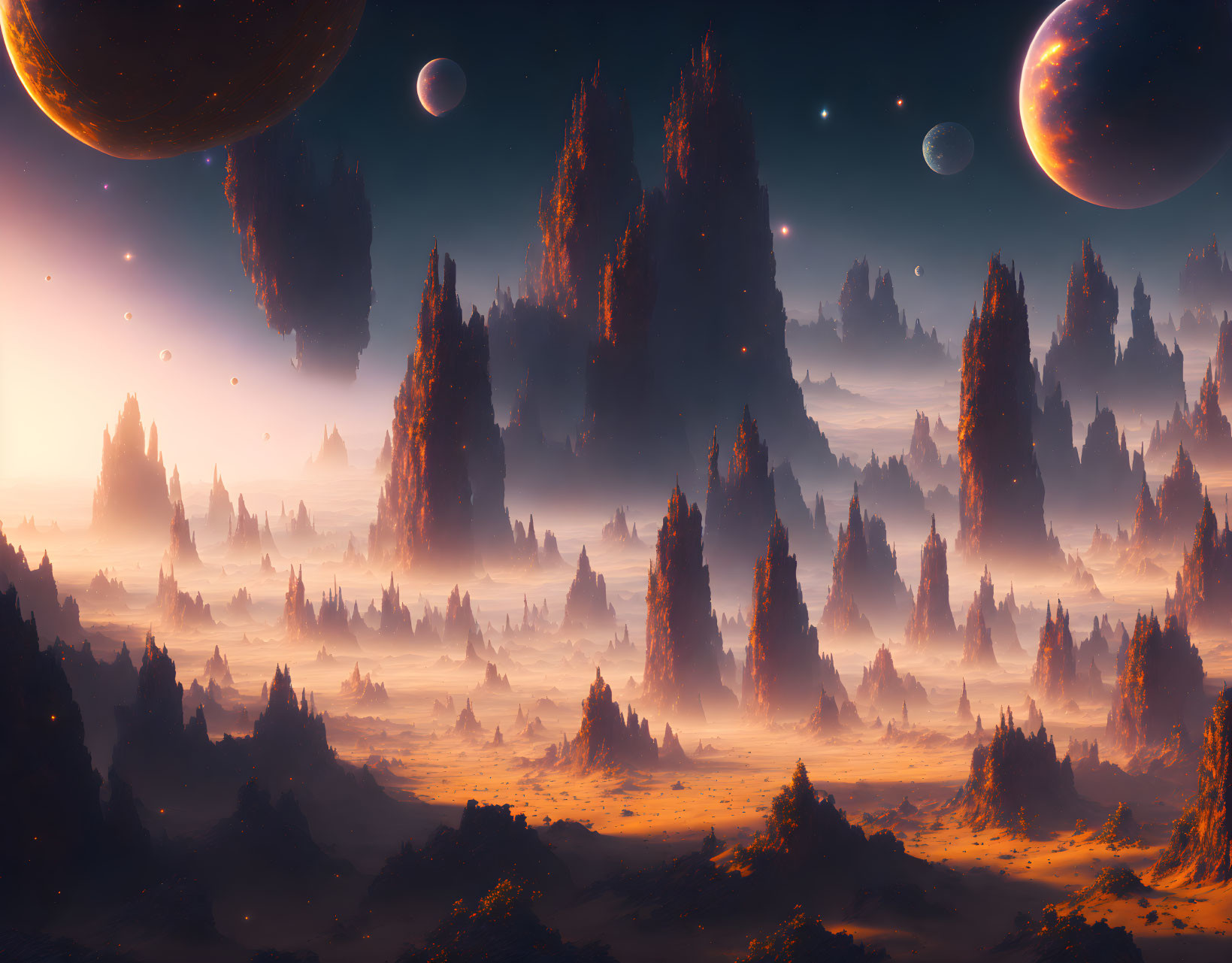 Fantastical landscape with towering rock formations under alien sky