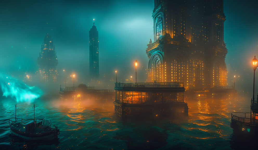 Night cityscape with fog, illuminated buildings, street lights, and eerie blue light swirl near boat.