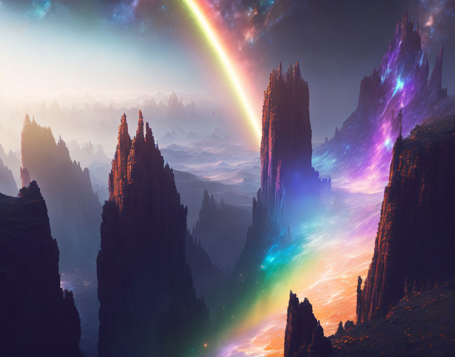Vibrant cosmic landscape with towering rock formations